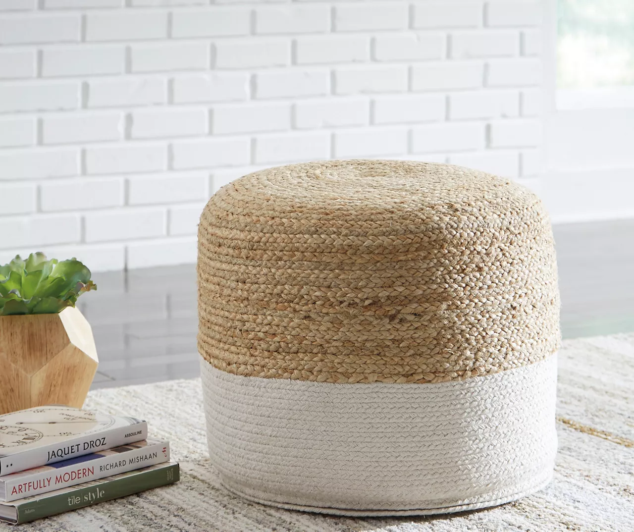 Sweed Valley Natural & White Round Pouf - Image 2