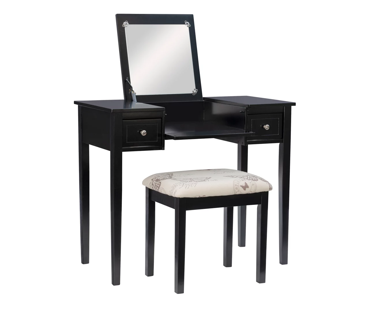 Black Butterfly Mirror Vanity Set With Stool