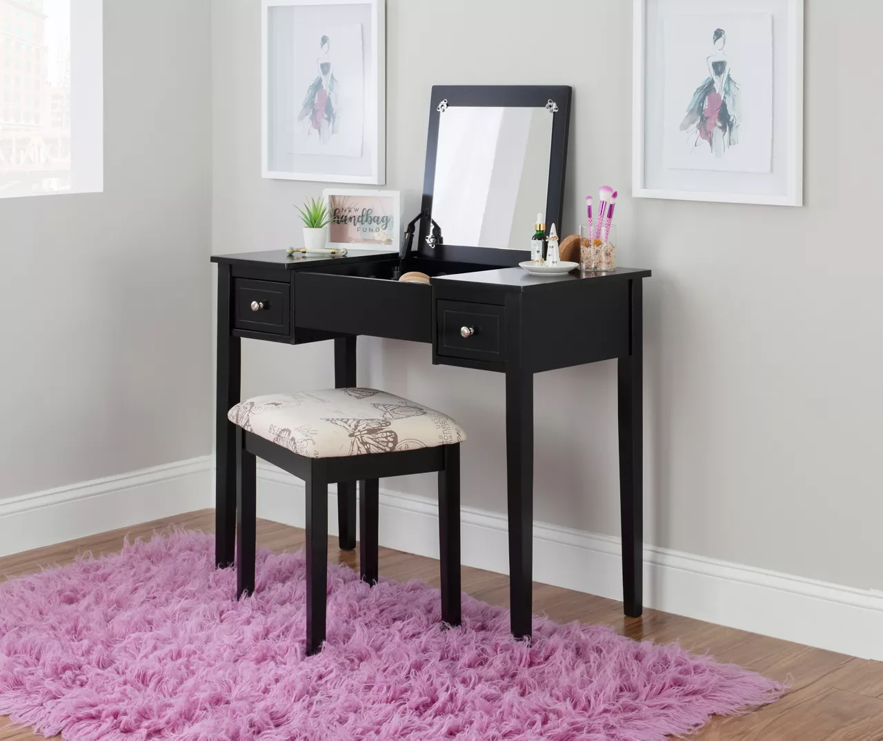 Black Butterfly Mirror Vanity Set With Stool - Image 3