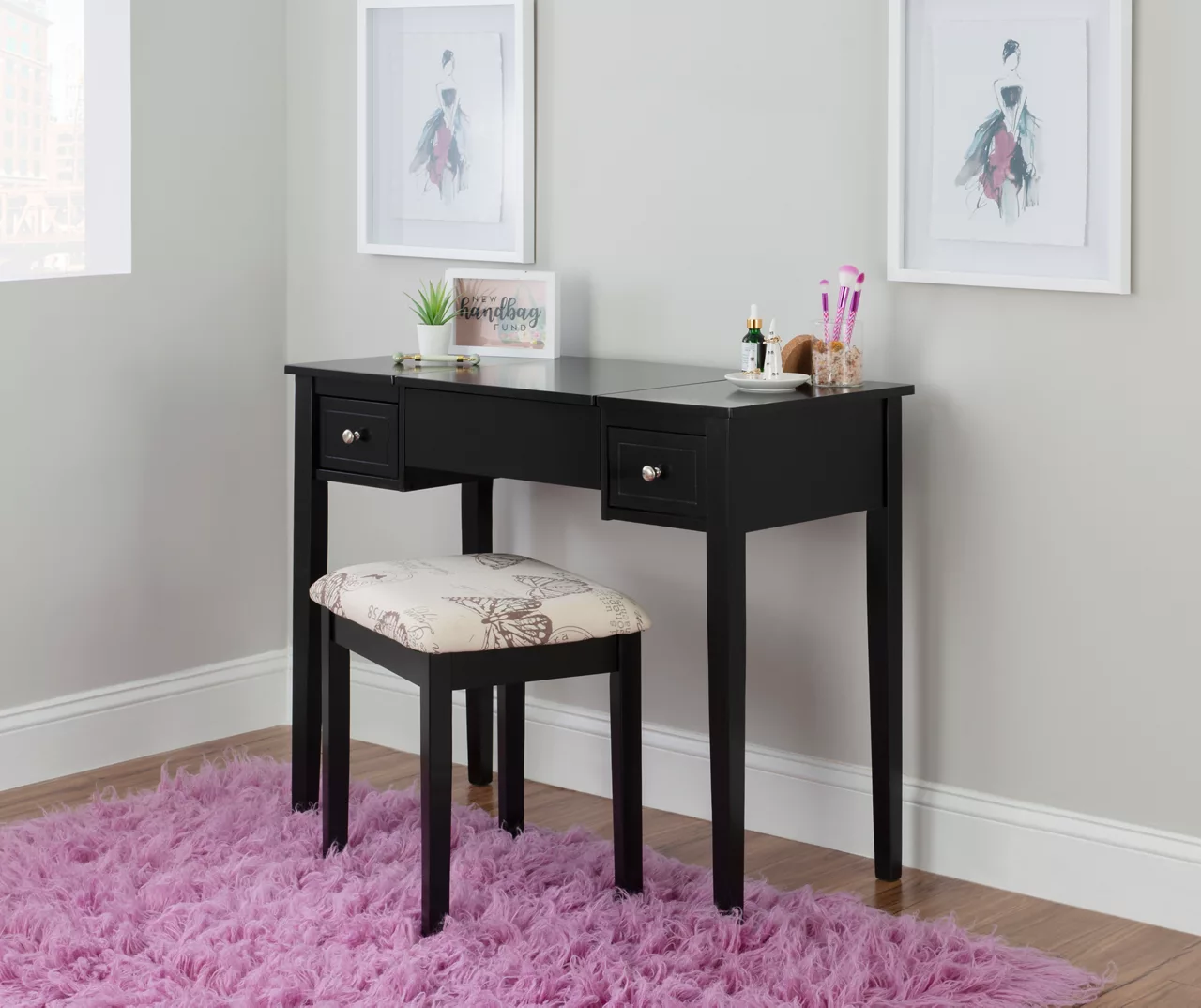 Black Butterfly Mirror Vanity Set With Stool - Image 4