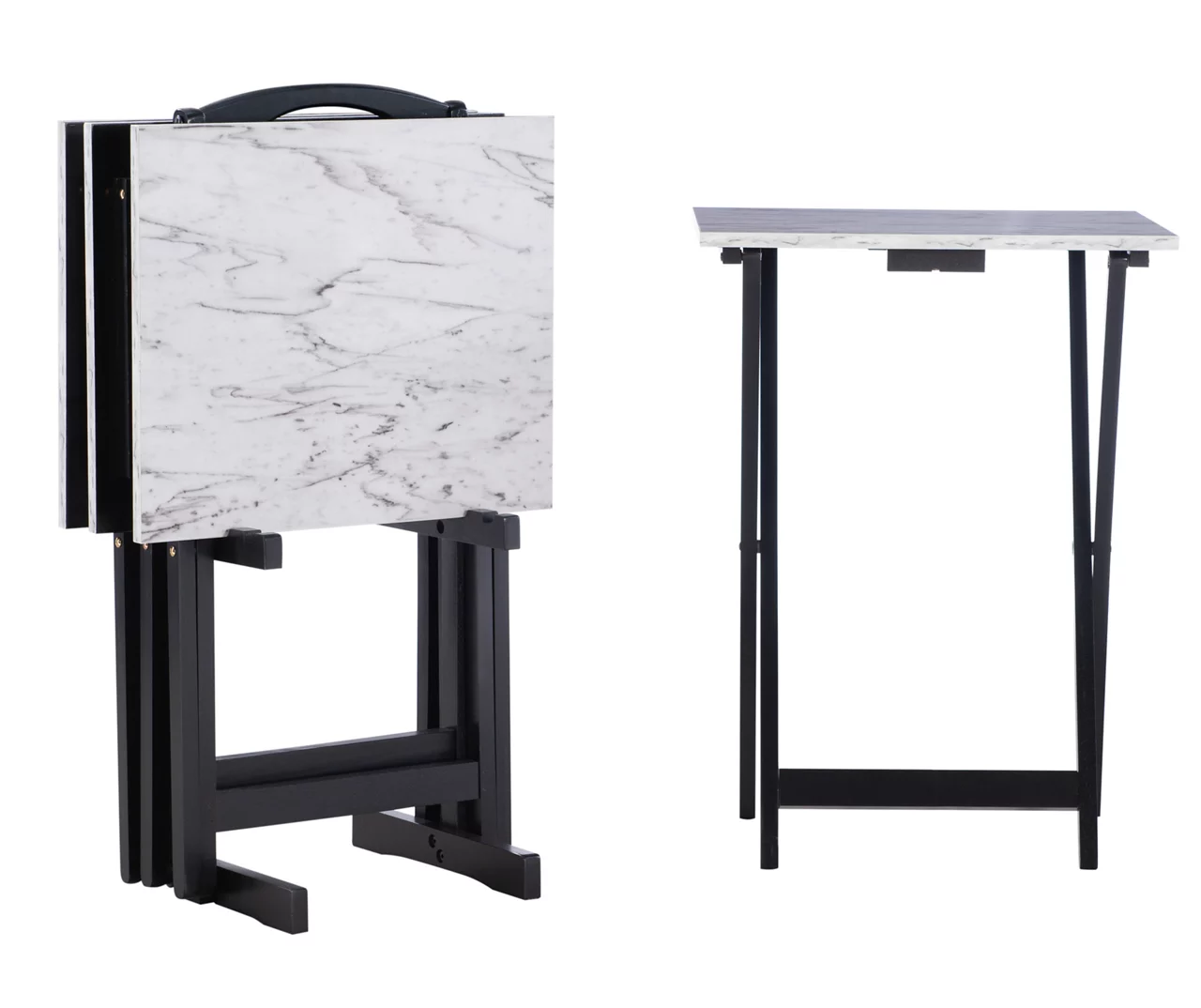 Davis White Faux Marble Tray Tables With Stand, 5-Piece Set - Image 3