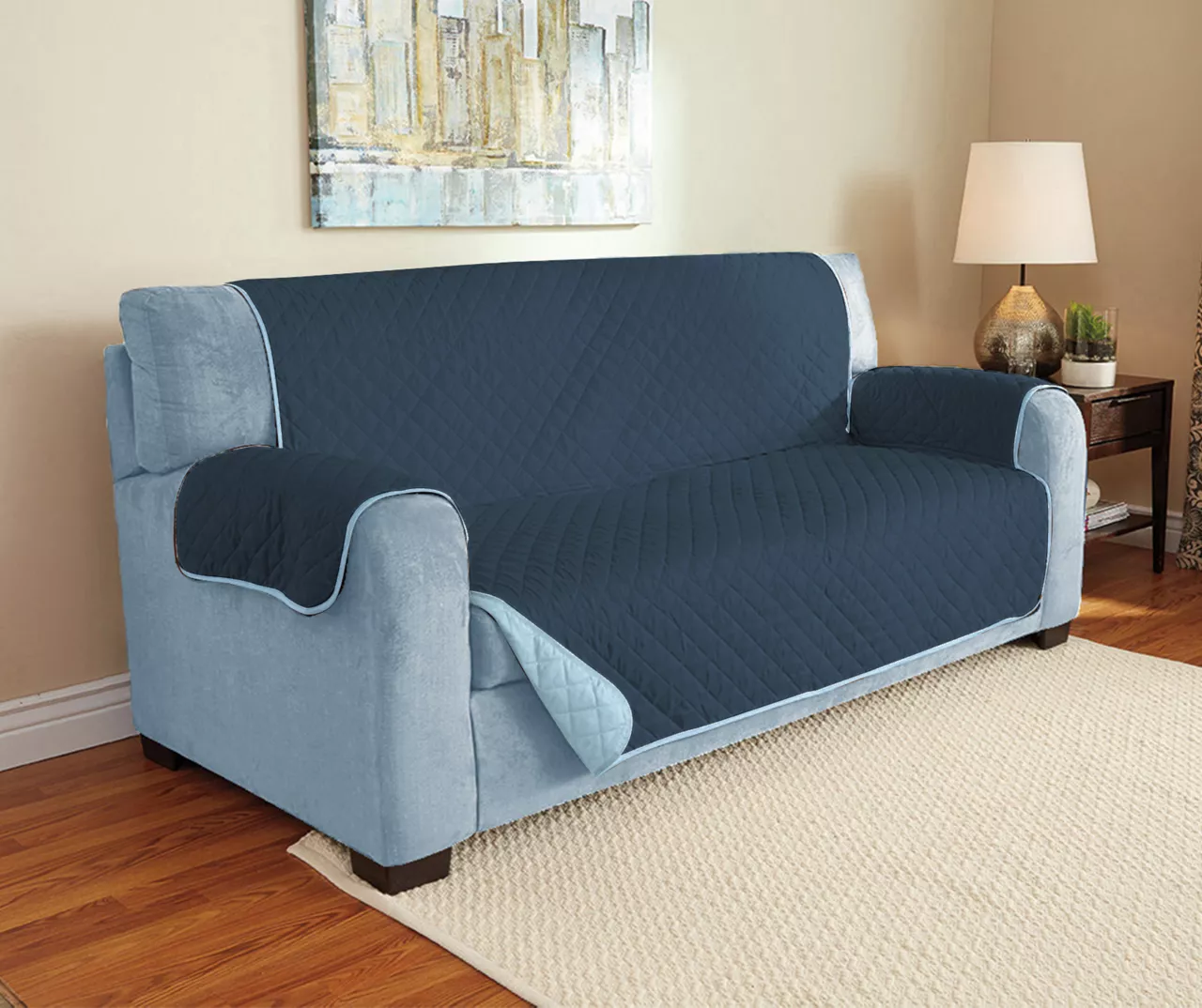 Navy & Light Blue Microfiber Reversible Sofa Furniture Protector - Image 2