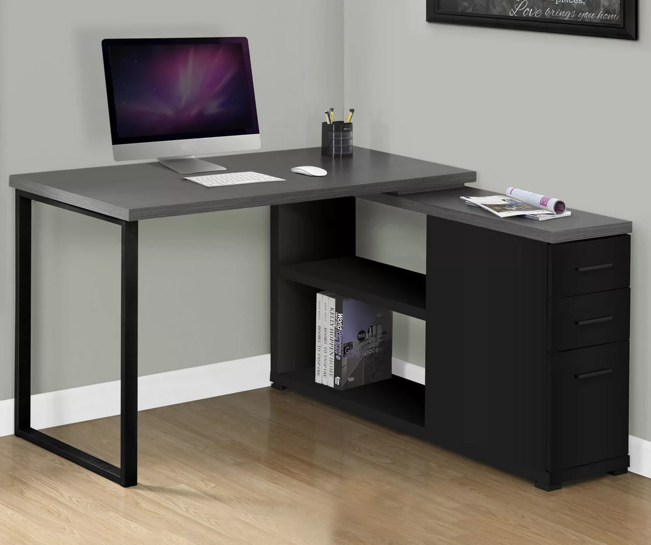 Gray & Black L-Shaped 3-Drawer Computer Desk - Image 2