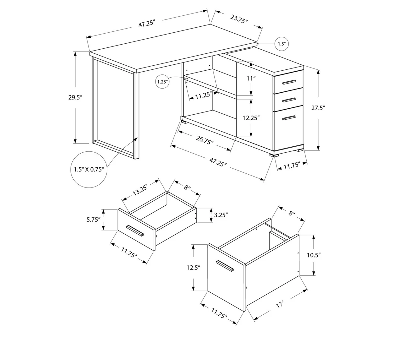 Gray & Black L-Shaped 3-Drawer Computer Desk - Image 3