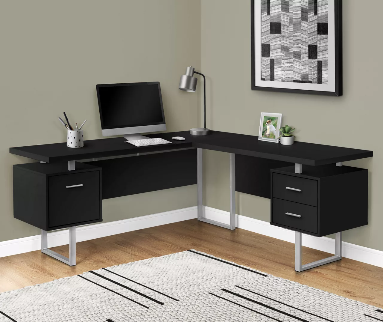 Black & Silver 3-Drawer L-Shaped Corner Desk - Image 2