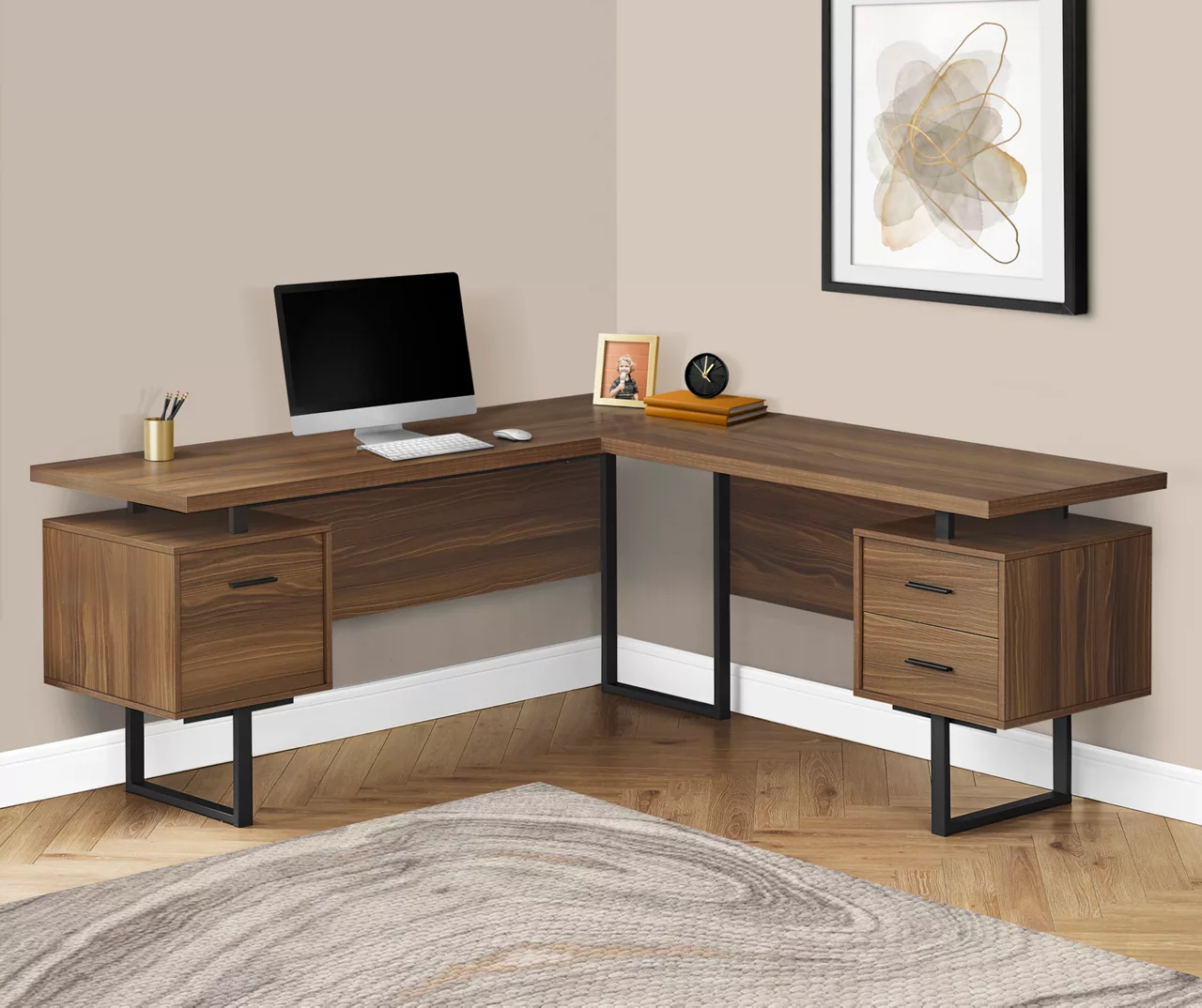 Walnut Wood Look 3-Drawer L-Shaped Corner Computer Desk - Image 2