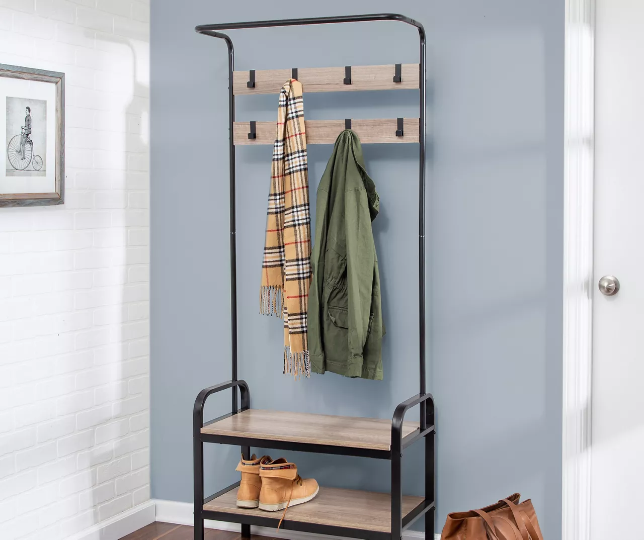 Black Steel 8-Hook Entry Rack & Bench - Image 2