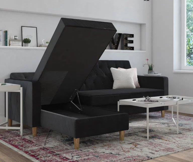 CosmoLiving Liberty Black Velvet Sectional Storage Futon - Image 3