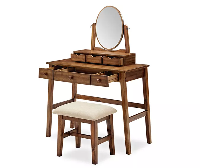 Laura 2-Piece Walnut & Beige 6-Drawer Tilting Mirror Vanity Set - Image 4