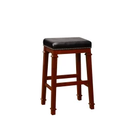 Clark Dark Cherry & Black Upholstered Faux Leather Backless Bar Stool