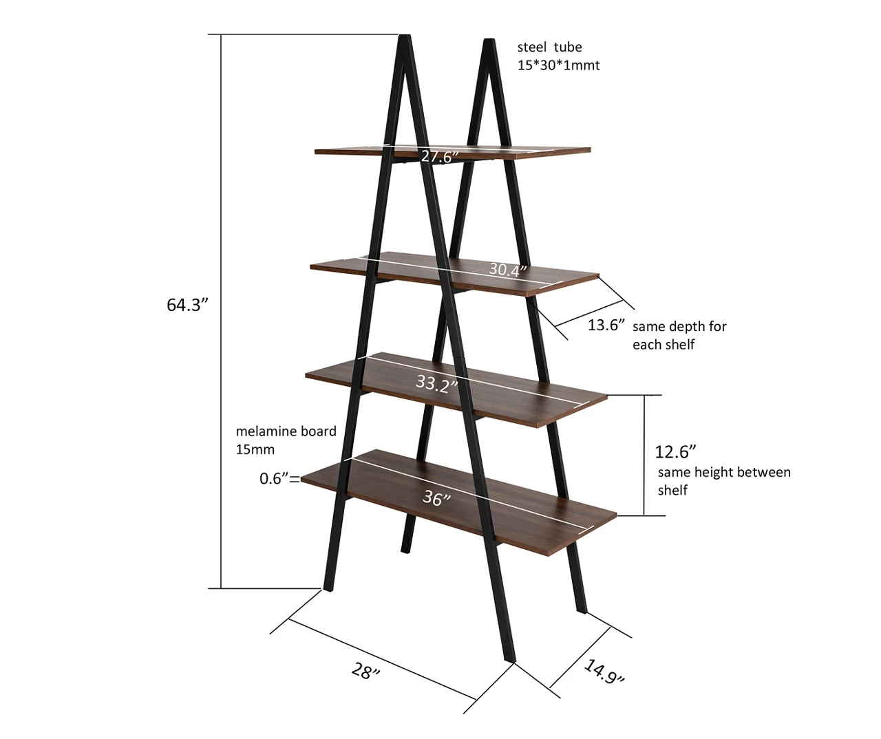 Walnut Modern A-Frame 4-Shelf Bookcase - Image 7