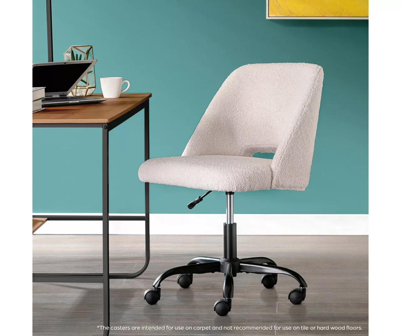 Cream Faux Wool Boucle Rolling Swivel Office Chair - Image 4