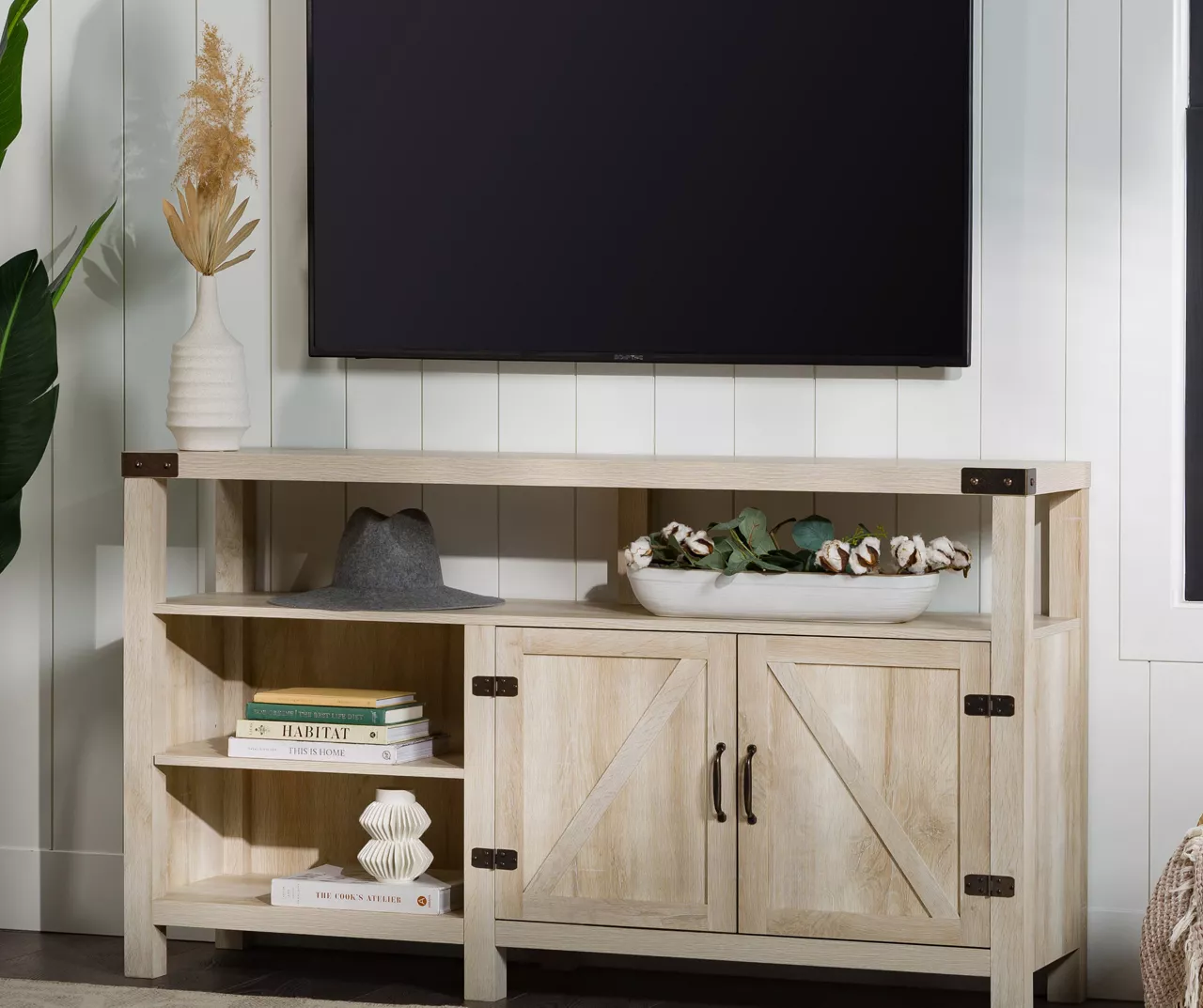 58" White Oak Barn Door Highboy TV Stand